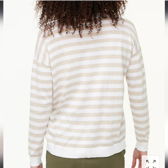 JCrew Sweater Crewneck Long Sleeve Tan Sand Fawn Cream White Striped L - Picture 2 of 9